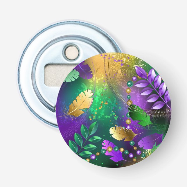 Iridescent mardi gras-bakgrund med pärlor flasköppnare (Framsidan)