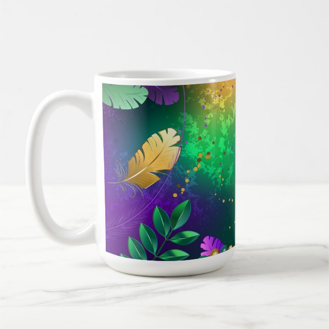 Iridescent mardi gras-bakgrund med pärlor kaffemugg (Vänster)