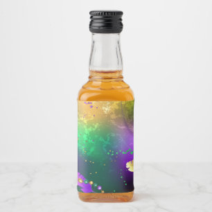 Iridescent mardi gras-bakgrund med pärlor spritflaskor etikett