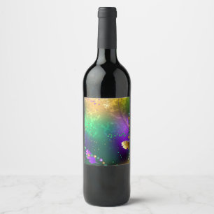 Iridescent mardi gras-bakgrund med pärlor vinflaska etikett