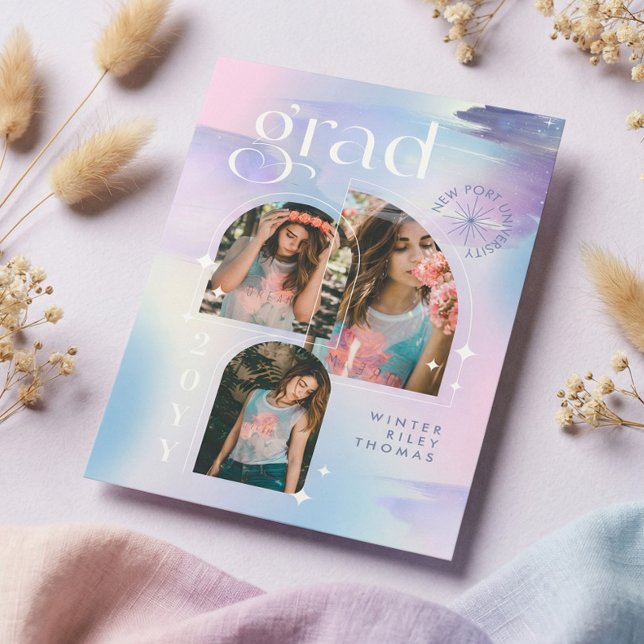Iridescent Pastel Watercolor Starry 3 Photo Grad Inbjudningar (Iridescent Pastel Watercolor Starry 3 Photo Grad Invitation)