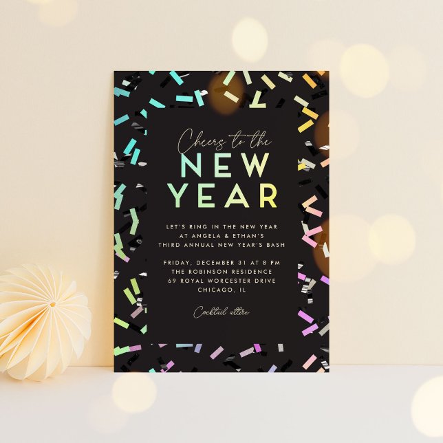 Iridescent Rainbow Confetti Nyårsafton Party Inbjudningar (colorful confetti New Year's party invitation)