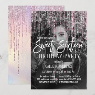 Iridescent Rosa Glitter Fringe Photo Sweet 16 Inbjudningar