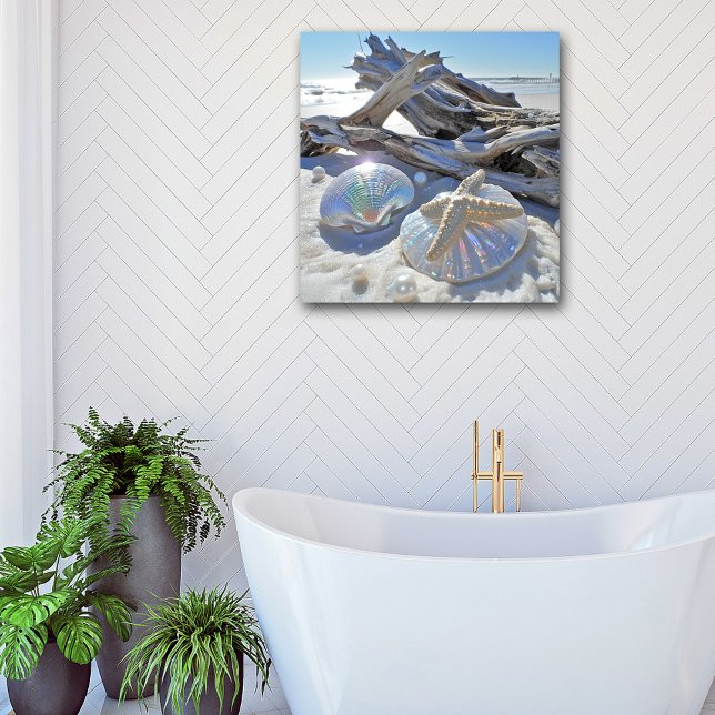 Iridescent Seashells Starfish Driftwood White Sand Poster (Skapare uppladdad)