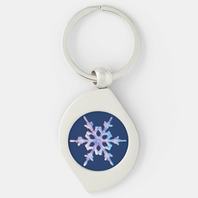 Iridescent snowflake på mörk blått swirl silverfärgad nyckelring (Framsidan)