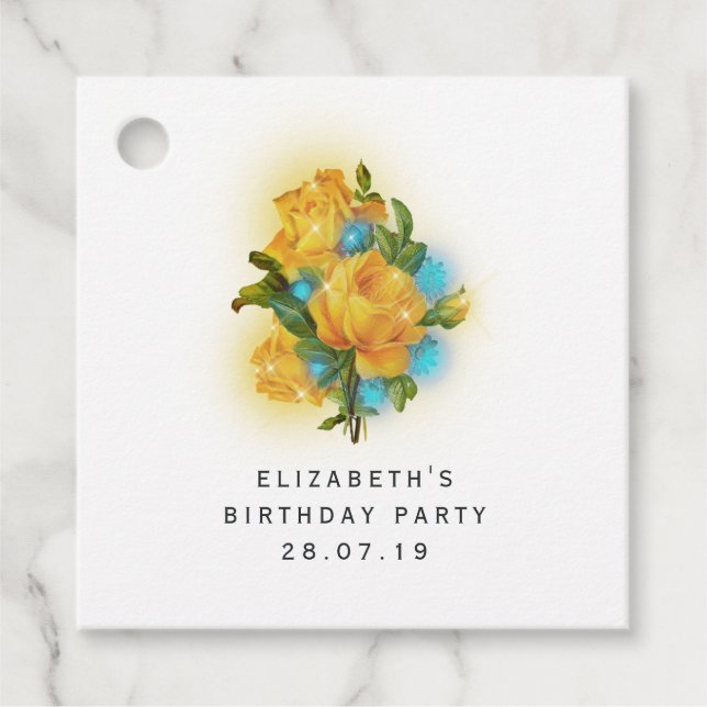 Iridescent Teal och Golden Gul ros och Snöre Gåvor Etiketter (Framsida)