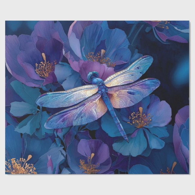 Iridescent trollslända Dekoupage Färgrika blommor Presentpapper (Platt)