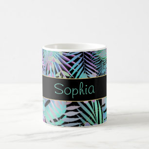 Iridescent Tropical Löv, DIY Teal Namn, Black Kaffemugg