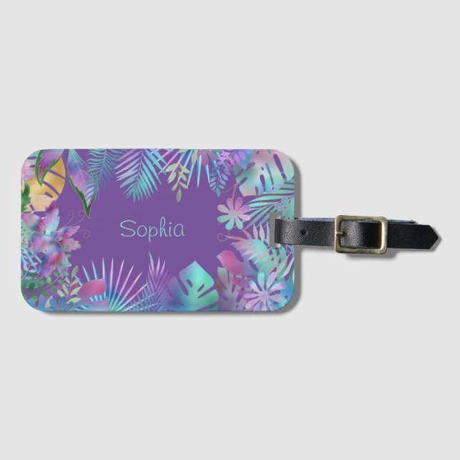 Iridescent Tropical Löv, DIY Teal Namn, Lila Bagagebricka (Framsida horisontal)