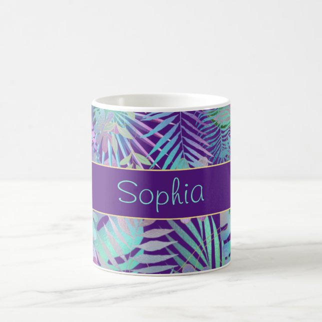 Iridescent Tropical Löv, DIY Teal Namn, Lila Kaffemugg (Center)