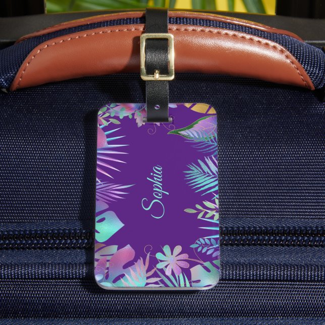 Iridescent Tropical Löv, Teal Namn på Lila Bagagebricka (Framsida Insitu 2)