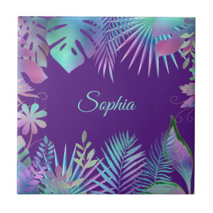 Iridescent Tropical Löv, Teal Namn på Lila Kakelplatta
