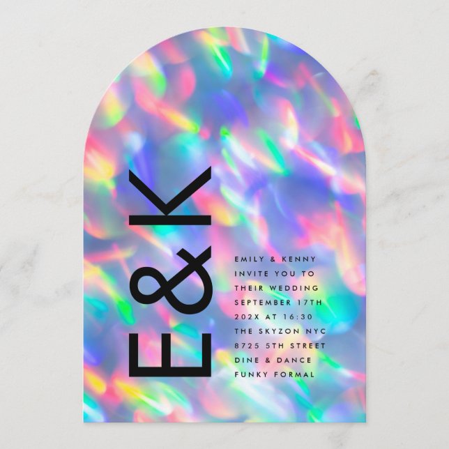 Iridescent Ultra Modern Monogram Bröllop Arch Inbjudningar (Framsida)