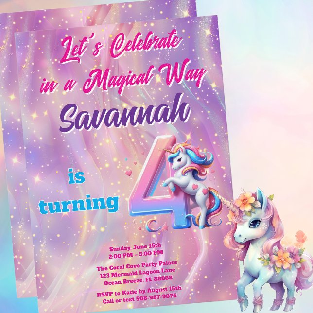 Iridescent Unicorn Girl 4e födelsedagen Party Inbjudningar (Magical Unicorn Birthday Party Invitation)