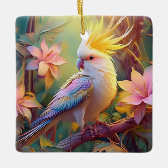 Iridescent Vinge Cockatiel Fantasy Bird Julgransprydnad Keramik (Framsida)