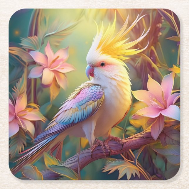 Iridescent Vinge Cockatiel Fantasy Bird Underlägg Papper Kvadrat (Framsidan)
