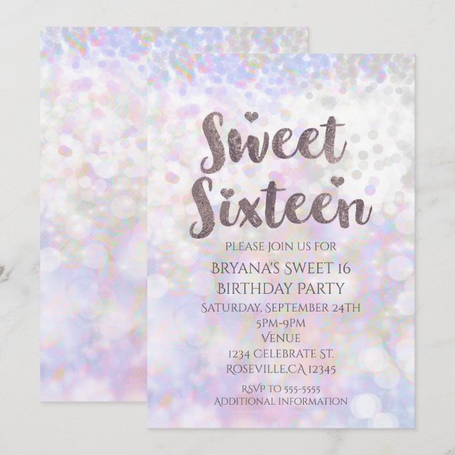 Iridescent White Gnistra Sweet 16-parts inbjudan (Fram/baksida)