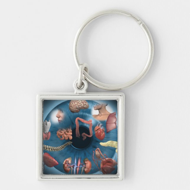 Iridology Fyrkantig Silverfärgad Nyckelring (Framsidan)