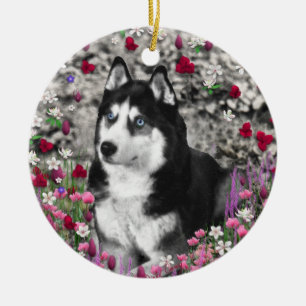 Irie siberian husky i blommor julgransprydnad keramik