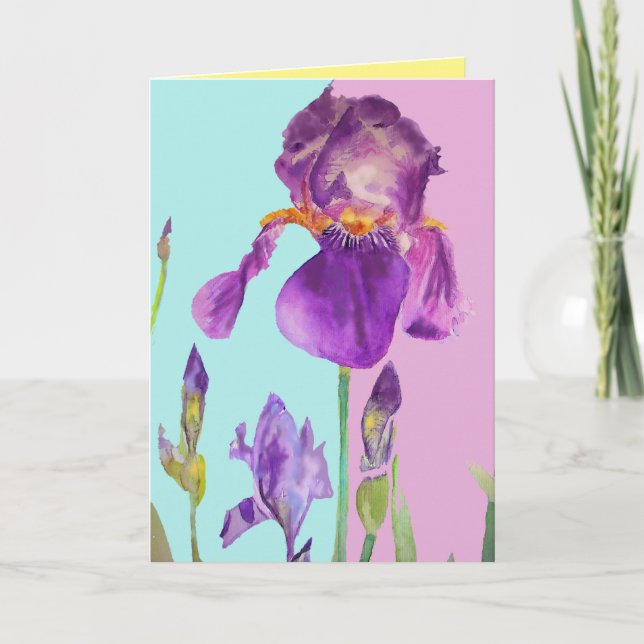 Iris akvarellmålning lila blomma Blommig konst Kort (Framsida)