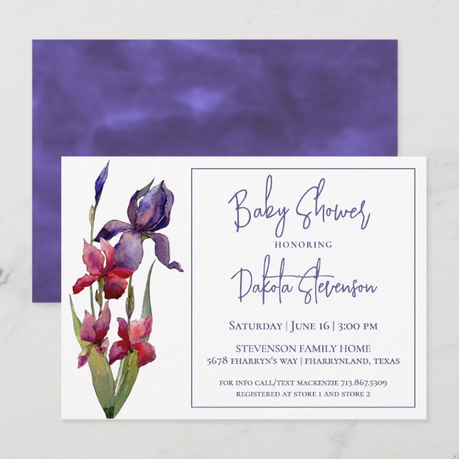 Iris Baby Shower | Royal Violet Lila Flower Inbjudningar (Fram/baksida)