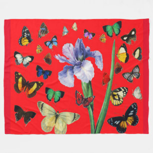 IRIS BLAND COLORFUL BUTTERFLIES Red Blommigt Fleecefilt