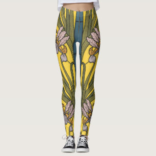Iris Blomma Art Nouveau Blyglas Blå Guld Leggings