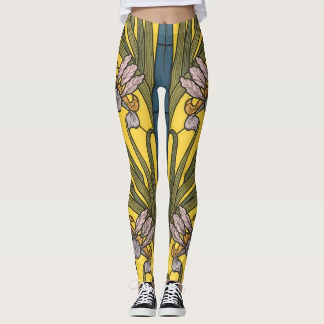 Iris Blomma Art Nouveau Blyglas Blå Guld Leggings (Framsida)