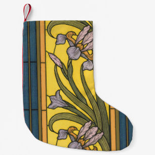 Iris Blomma Art Nouveau Blyglas Blå Guld Liten Julstrumpa