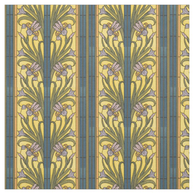 Iris Blomma Art Nouveau Blyglas Blå Guld Tyg (Provkarta)