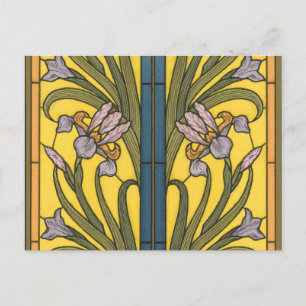 Iris Blomma Art Nouveau Blyglas Blå Guld Vykort