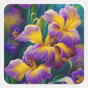 Iris Blommigt Lila och guld blue grönt löv Fyrkantigt Klistermärke