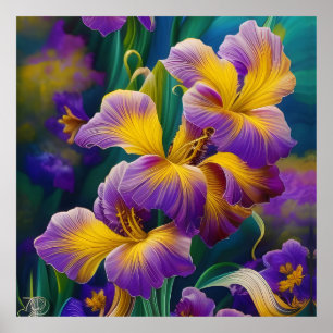 Iris Blommigt Lila och guld blue grönt löv Poster