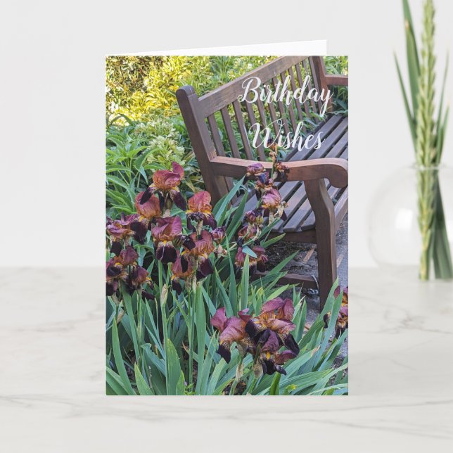 Iris Blooms och Park Bench Blommigt Birthday Kort (Framsida)