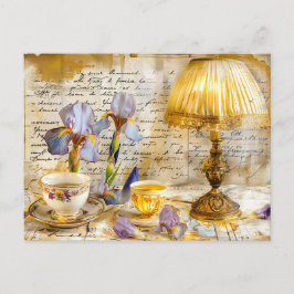 Iris Blooms with Teacup and Vintage Lamp shabby  Vykort