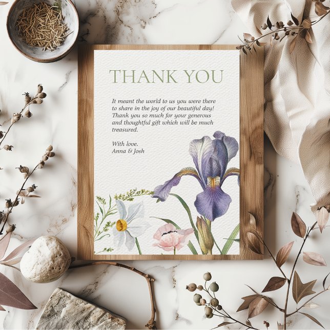 Iris Botanisk Lavendel Blush Bröllop  Tack Kort (Vintage Iris Floral Botanical Classy Wedding Thank you Card)