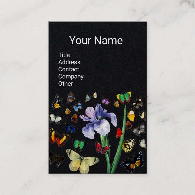 IRIS, COLORFUL BUTTERFLIES Black Blommigt Monogram Visitkort (Framsida)