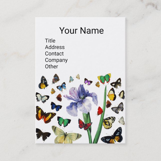 IRIS, COLORFUL BUTTERFLIES White Blommigt Monogram Visitkort (Framsida)