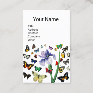 IRIS, COLORFUL BUTTERFLIES White Blommigt Monogram Visitkort