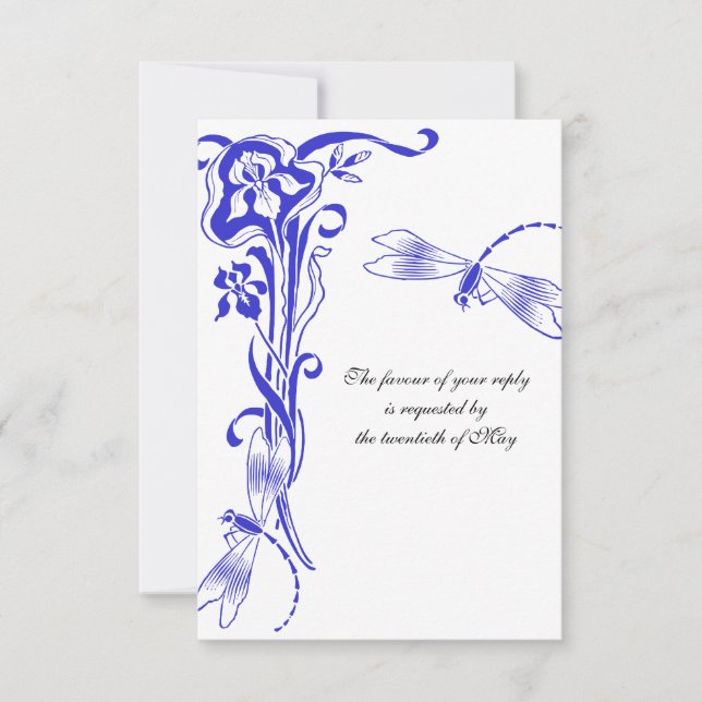 Iris & Dragonfly Royal Blue Bröllop Reply OSA Kort (Framsida)