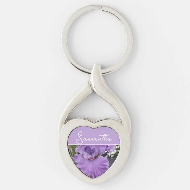 Iris Flower Flowers Purple Lavender Lilac Floral Twisted Heart Silverfärgad Nyckelring (Framsidan)