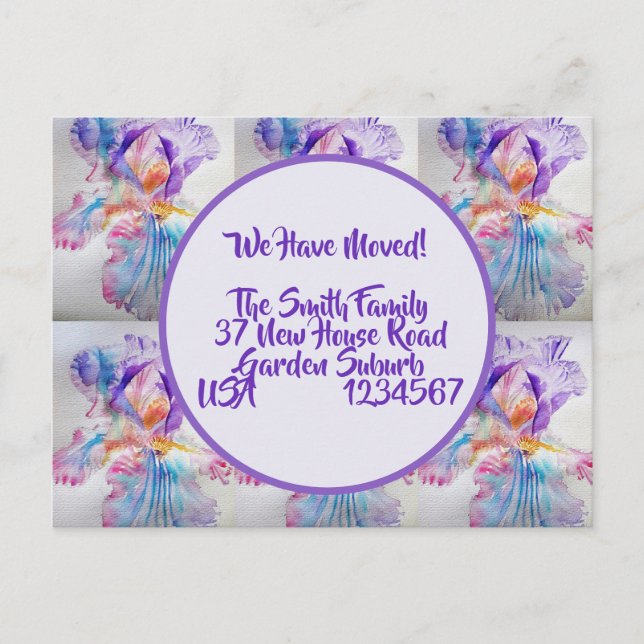 Iris Flowers Nya adress vykort, vi är Flytta Vykort (Framsida)