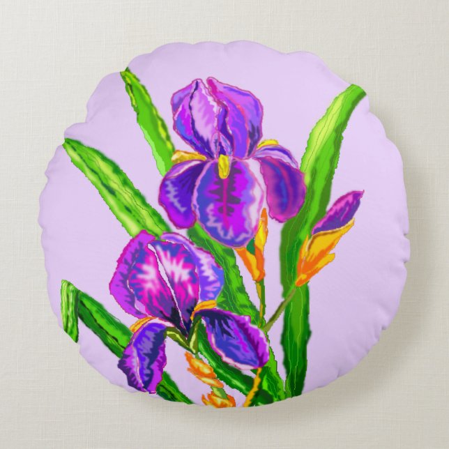 Iris Flowers Round Pillow Irises Rund Kudde (Framsidan)