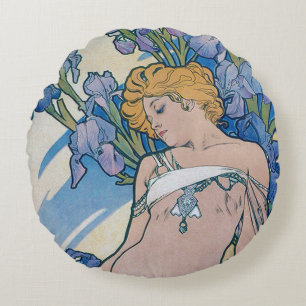 Iris (Fyra blommor), Alphonse Mucha Kuddöverdrag Rund Kudde
