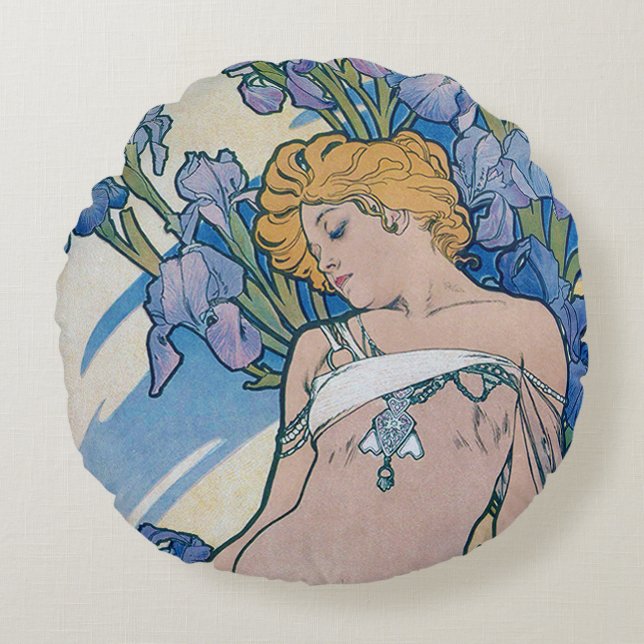 Iris (Fyra blommor), Alphonse Mucha Kuddöverdrag Rund Kudde (Framsidan)
