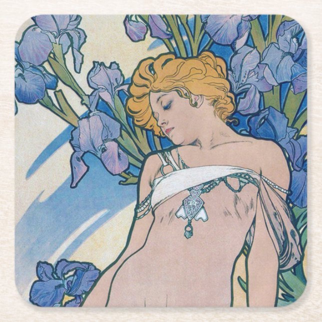 Iris (fyra blommor), Alphonse Mucha Underlägg Papper Kvadrat (Framsidan)