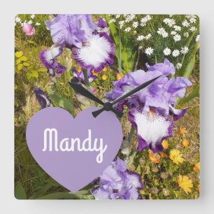 Iris Irises Lila Flower Birthday Girls Namn Fyrkantig Klocka