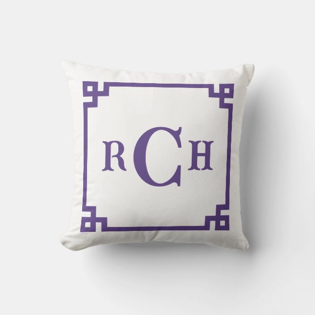 Iris Lila Chinoiserie Grekiska Nyckel Monogram Kudde (Framsida)