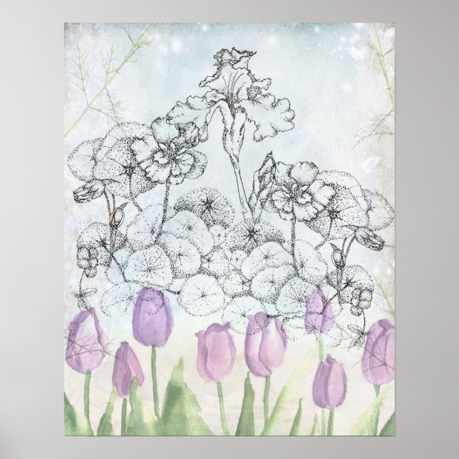 Iris Lila Tulip Watercolor Flowers Collage Poster (Framsidan)