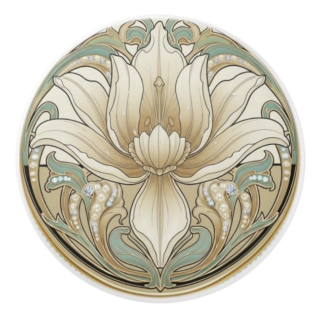 Iris Lily Sage Green Cream Gold Art Deco Nouveau Knopp (Framsidan)